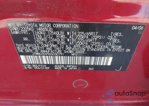 2006 Toyota Rav4 from USA, damaged, VIN JTMBD35V965030791